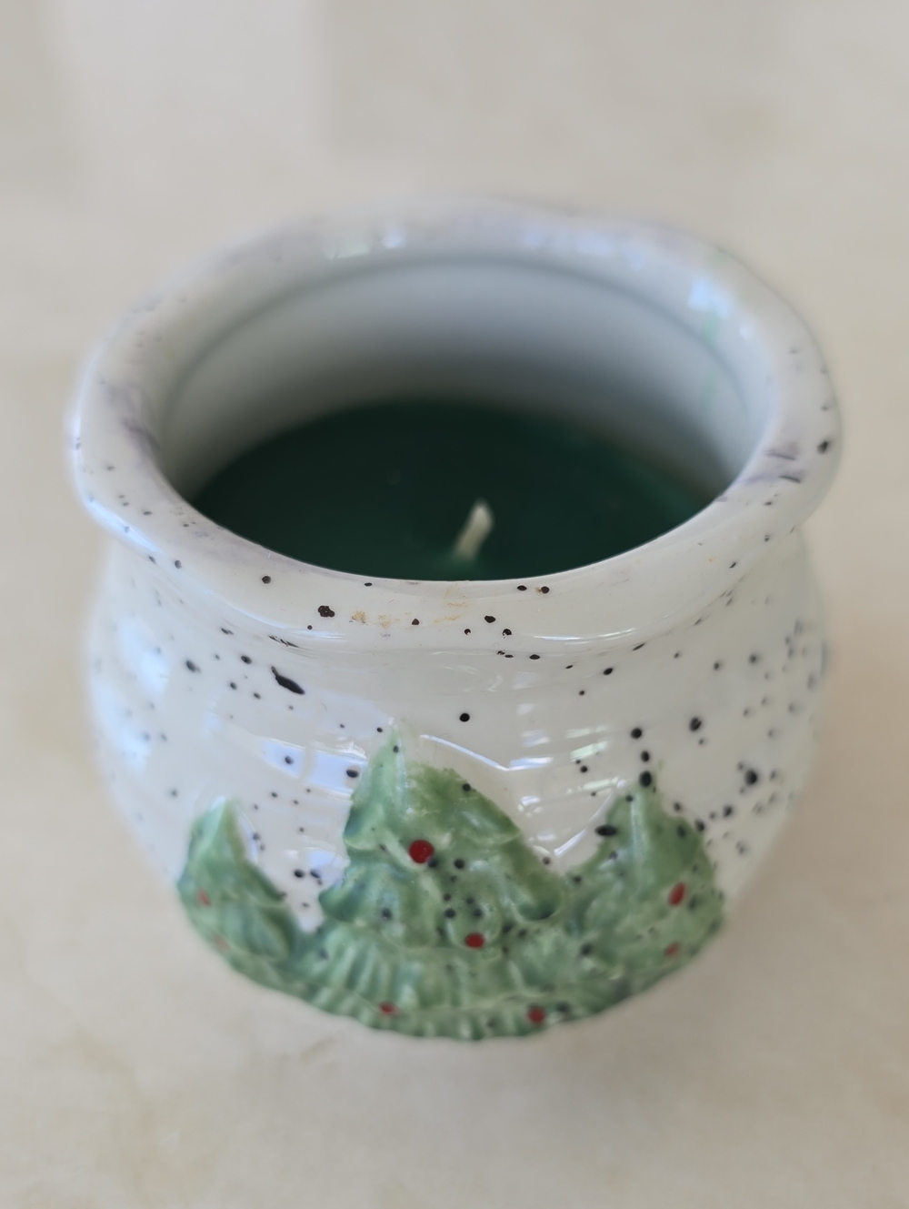 Speckled White Ceramic Candle Jar with Green Tree Accent
